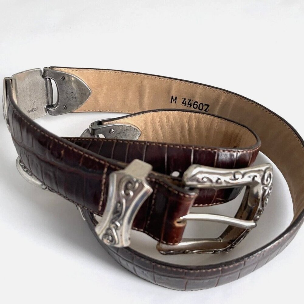 BRIGHTON Brown Pressed croc Leather belt with Silver hardware Size M